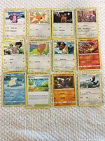 Twelve Pokémon cards laid out showing variety (Lickitung, Spearow, Ursaring, Glameow, Skwovet, Fearow, Buneary, Flareon, Sealeo, Trainer PokéStop, Drilbur, Pikipek)