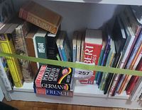 Shelf of books showing dictionaries, religious texts, paperbacks