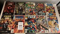 Ten comics laid out showing covers: Kingdom Come (3) and The Mighty Thor (7)