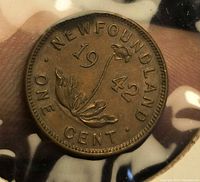 Reverse side of 1942 Newfoundland cent showing sprig design, date and denomination