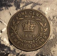 Reverse: crowned wreath design, date 1894, legends ONE CENT NEWFOUNDLAND