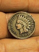 Obverse view of 1905 Indian Head Cent coin