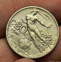 Reverse showing nude Liberty flying with denomination C.20 and date 1913