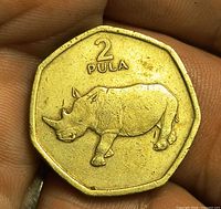 Reverse showing rhinoceros and denomination 2 Pula