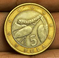 Reverse of 5 Pula coin showing caterpillar and denomination