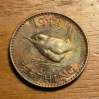 Reverse of 1944 farthing showing wren and toning