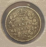 Reverse of 1881 H 5 cent coin showing crown, wreath, denomination and date