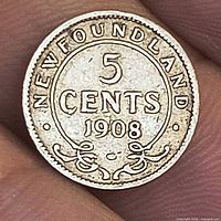 Reverse view showing "NEWFOUNDLAND 5 CENTS 1908" legend and overall toning