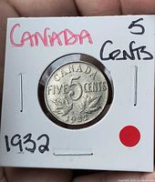 Reverse of 1932 Canada five-cent coin showing denomination and date inside 2x2 holder