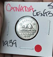 Reverse of 1939 Canada 5 cents coin in holder