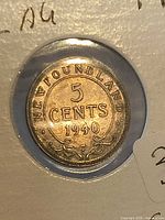 Reverse of 1940 Newfoundland 5 Cents coin showing denomination and date