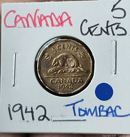 Reverse of 1942 Tombac 5 cents coin in flip showing beaver design and date
