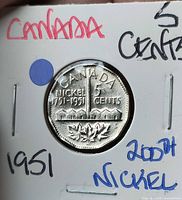Reverse of 1951 Canada 5-cent coin showing nickel refinery design and dates 1751-1951