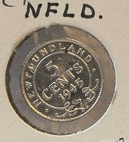 Reverse of 1945 Newfoundland 5 cents coin showing denomination and date