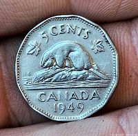 Reverse side showing beaver design, date 1949, denomination
