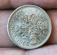 Reverse of 1966 UK six-pence coin