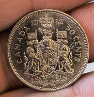Reverse view showing 1982 date, CANADA legend, coat of arms, denomination