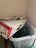 Tree stored in clear plastic bin with original Ashland box on top