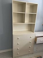 Full view of dresser with hutch showing drawers and open shelving