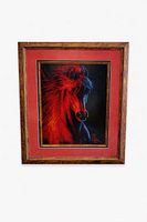 Front view of framed needlepoint showing artwork, mat, and frame