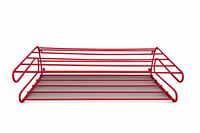 full front view of red metal Frän shoe rack