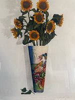 Full view of framed coloured etching showing artwork and frame