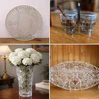 Composite showing one relish tray, Libbey condiment set, Mikasa vase with flowers, Czech tray