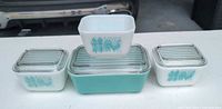 All four refrigerator dishes shown together, illustrating sizes, patterns and lids