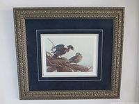 Framed limited edition print featuring two wood ducks, double matting, ornate frame