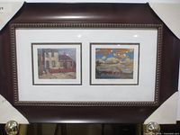 Framed set front view showing both prints within wood frame and corner protectors attached