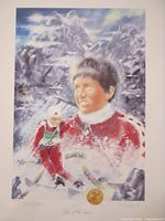 Full view of the unframed print with imagery of skier and mountain scene