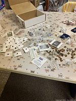 Wide view of entire lot showing numerous bagged and carded pins on tabletop