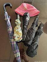 Group shot of five umbrellas and pink hat