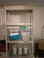 Overall view of plastic shelving with cooler, basket, tray and canisters