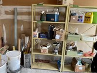 Entire shelving unit with cooler, sprayer, buckets, pails and various boxes