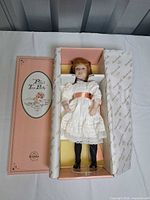 Box opened showing Patty doll secured inside with stand