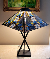 Lamp lit showing stained glass shade and base