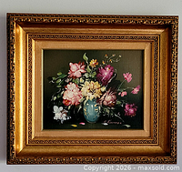 Framed still life oil painting, full view
