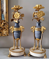 Full pair of ormolu-mounted grey marble garniture vases on marble bases