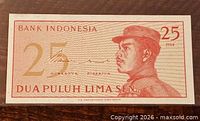 Obverse of 1964 Bank Indonesia 25 Sen note showing portrait and denomination