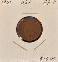 Obverse of 1901 Indian Head cent in holder marked 1901 USA EF+