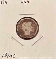 Obverse of 1911 Barber dime showing Liberty head and date