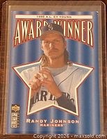 Front of Randy Johnson Award Winner card inside plastic holder
