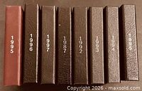 Spines of eight RCM cases showing years 1995, 1996, 1997, 1987, 1992, 1993, 1994, 1995