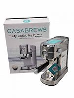 CASABREWS espresso machine front view beside branded retail box