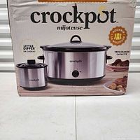Factory-sealed retail box showing Crock-Pot 8-qt slow cooker and Little Dipper warmer