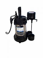 Full view of DEKOPRO sump pump showing stainless housing, cast iron base and float switch