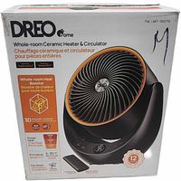 Retail box showing Dreo whole-room ceramic heater and remote, specifications visible