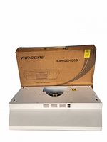 Front view of white range hood positioned in front of original FIREGAS box