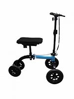 Side view of blue and black four-wheel knee scooter showing padded knee rest, frame and wheels